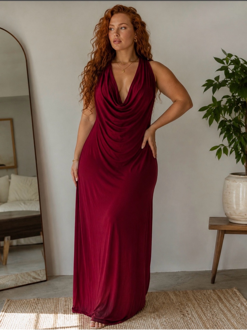Helmut Lang Brick Red Cowl Neck Modal Maxi Dress Size M